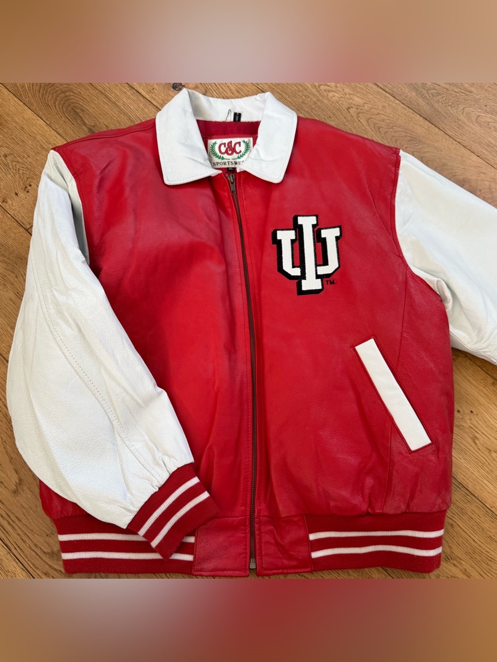 Vintage Indiana University IU Genuine Leather Varsity Jacket Red White XL